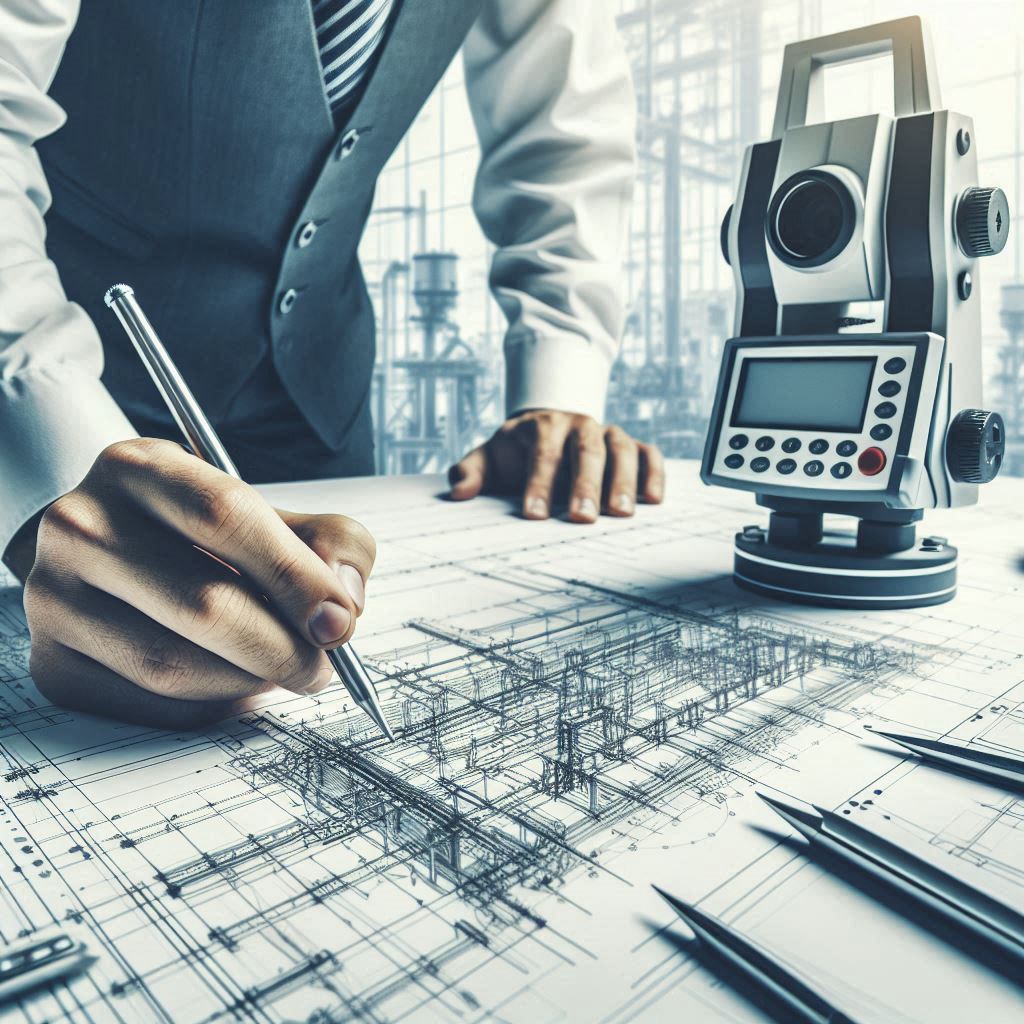 Teknik çizim, ölçüm ekipmanı ve mühendislik çalışmasını anlatan temsili görsel